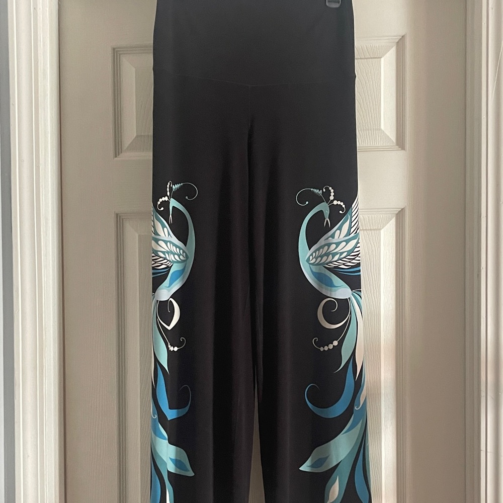 EVA VARRO BLACK WIDE LEG PANTS WITH  BEAUTIFUL BLUE PEACOCKS ON LEGS NWOT SZ M